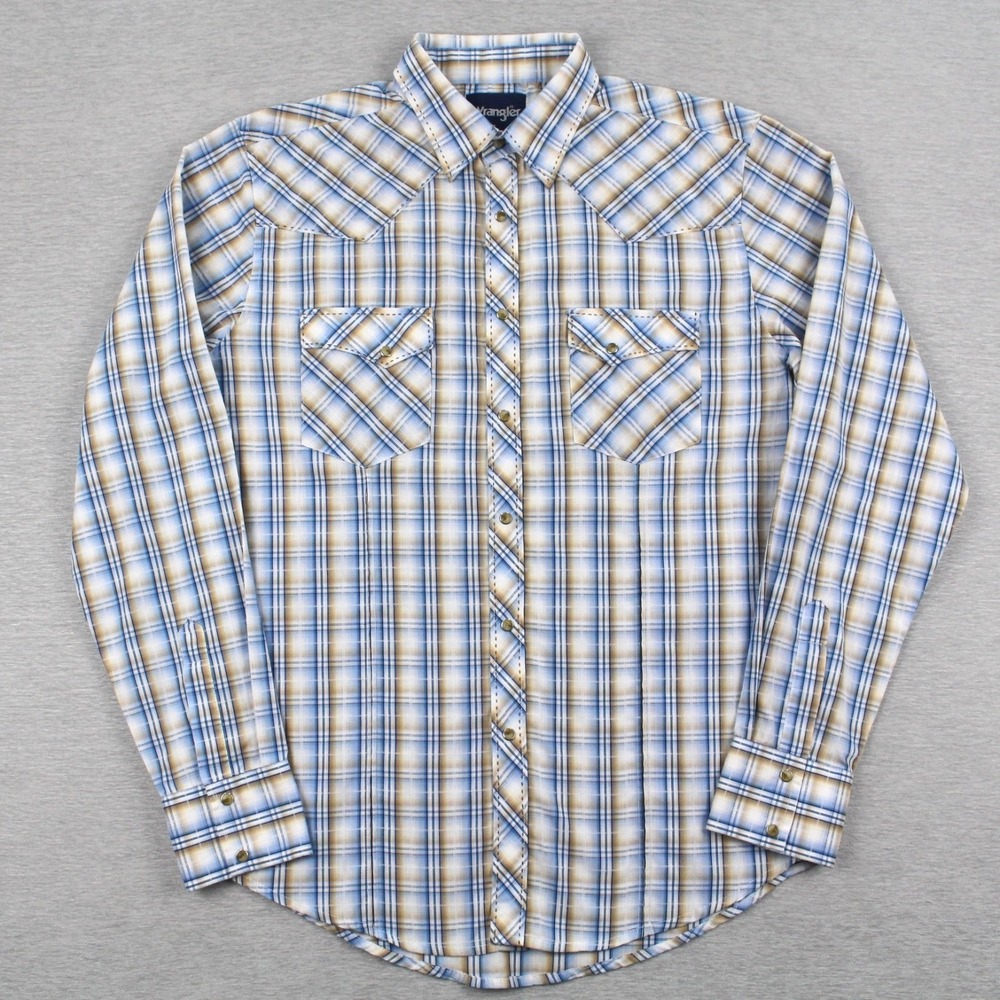 Wrangler Pearl Snap Shirt Mens Size M Blue Brown Plaid Long Sleeve Cotton Poly